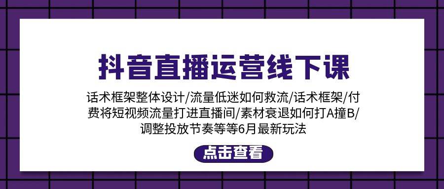 抖音直播运营线下课：话术框架/付费流量直播间/素材A撞B/等6月新玩法云富网创-网创项目资源站-副业项目-创业项目-搞钱项目云富网创