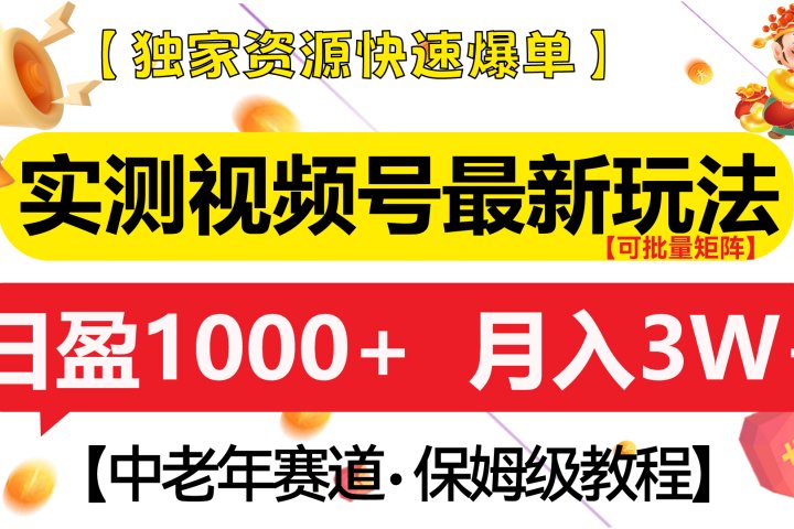 实测视频号最新玩法 中老年赛道独家资源快速爆单  可批量矩阵 日盈1000+  月入3W+  附保姆级教程云富网创-网创项目资源站-副业项目-创业项目-搞钱项目云富网创